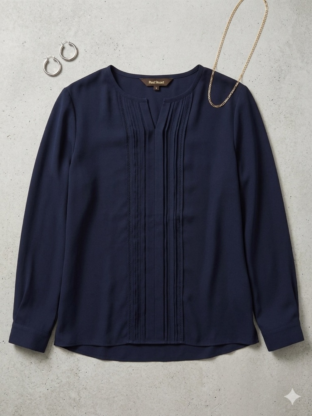 Paul Stuart Navy Pintuck-Front Blouse
